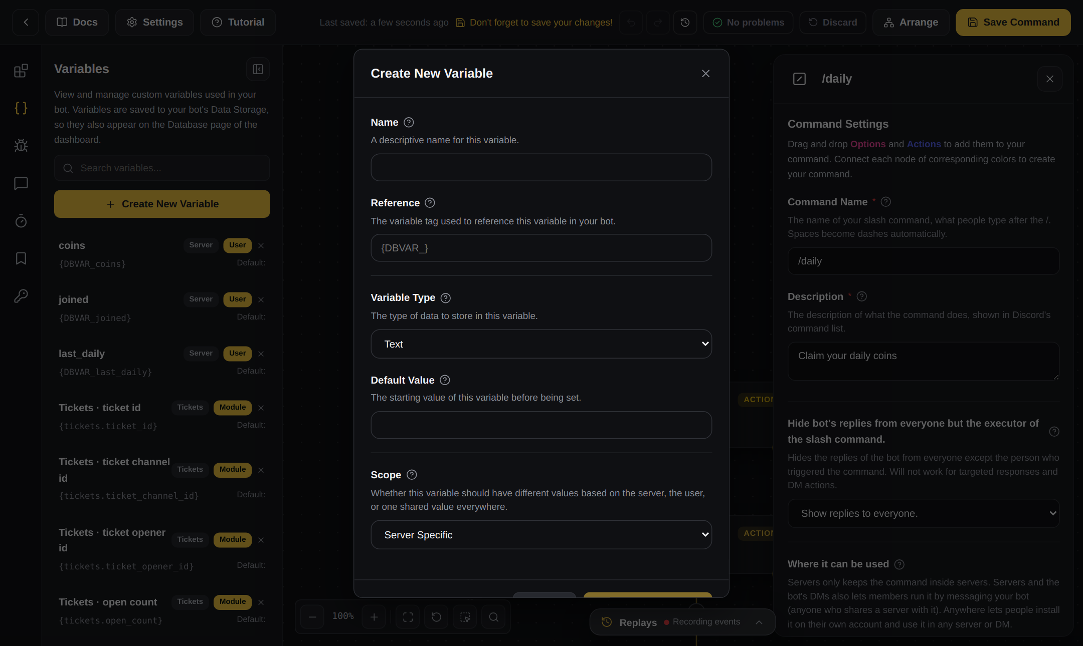 The Create New Variable window in the builder