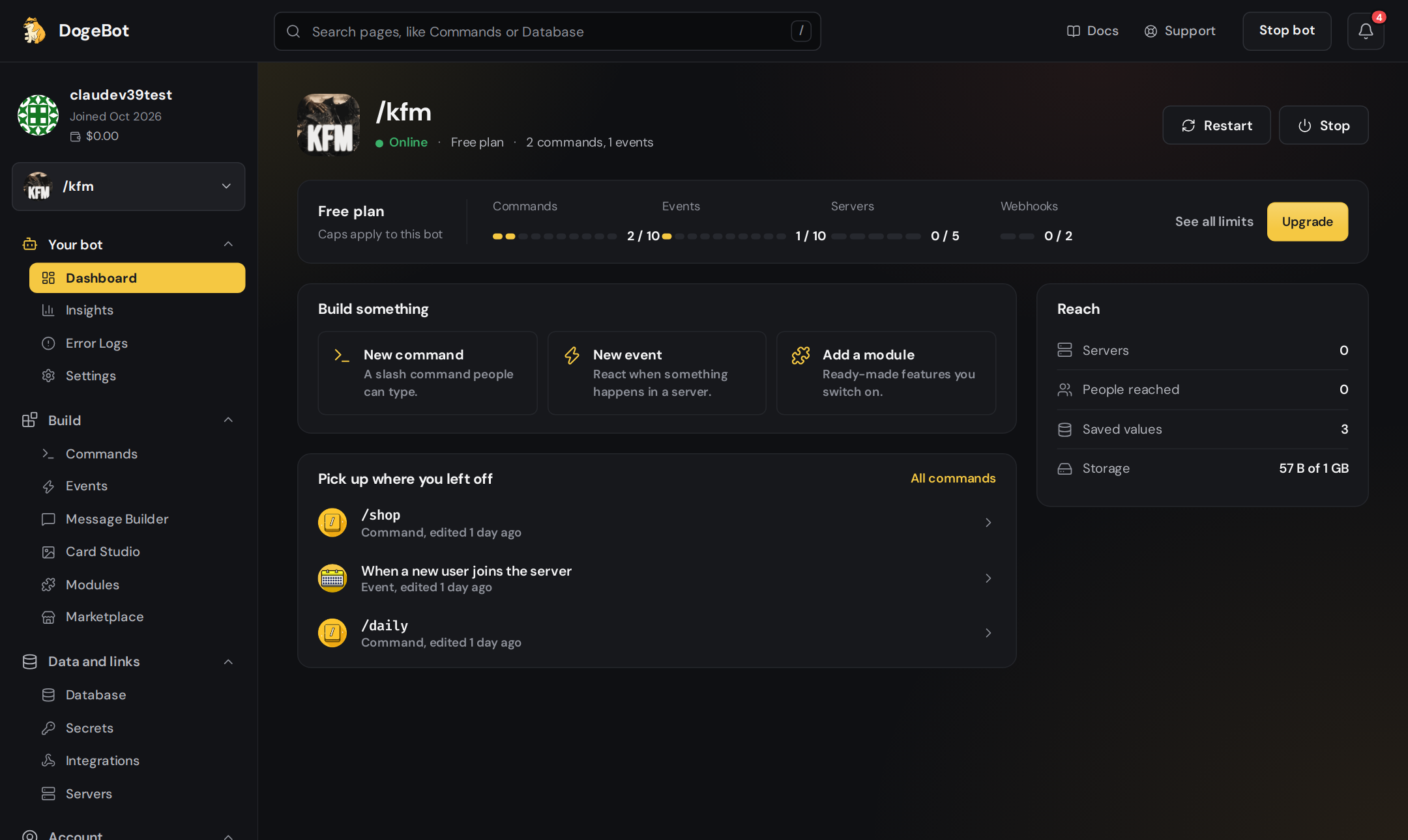 The DogeBot dashboard with the bot, its status and the plan strip