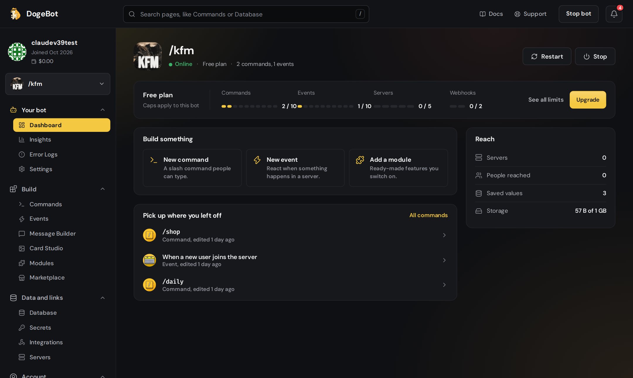 The DogeBot dashboard with the bot, its status and the plan strip