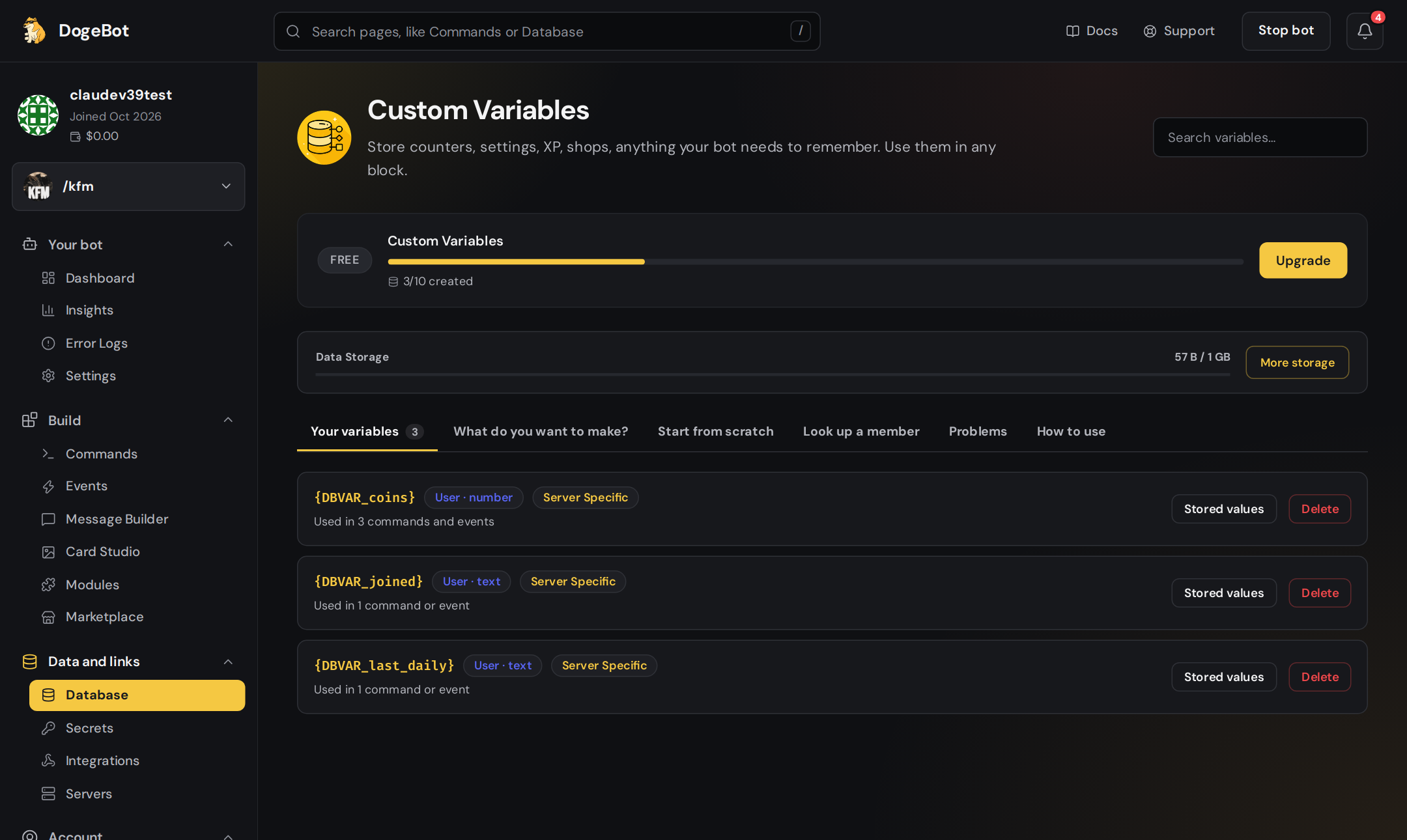 The Database page with the list of your variables