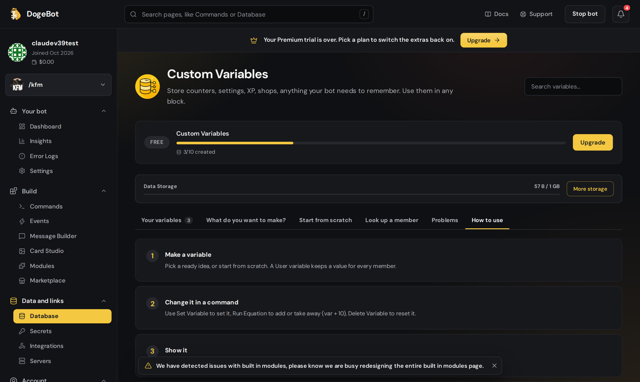The How to use tab on the Database page