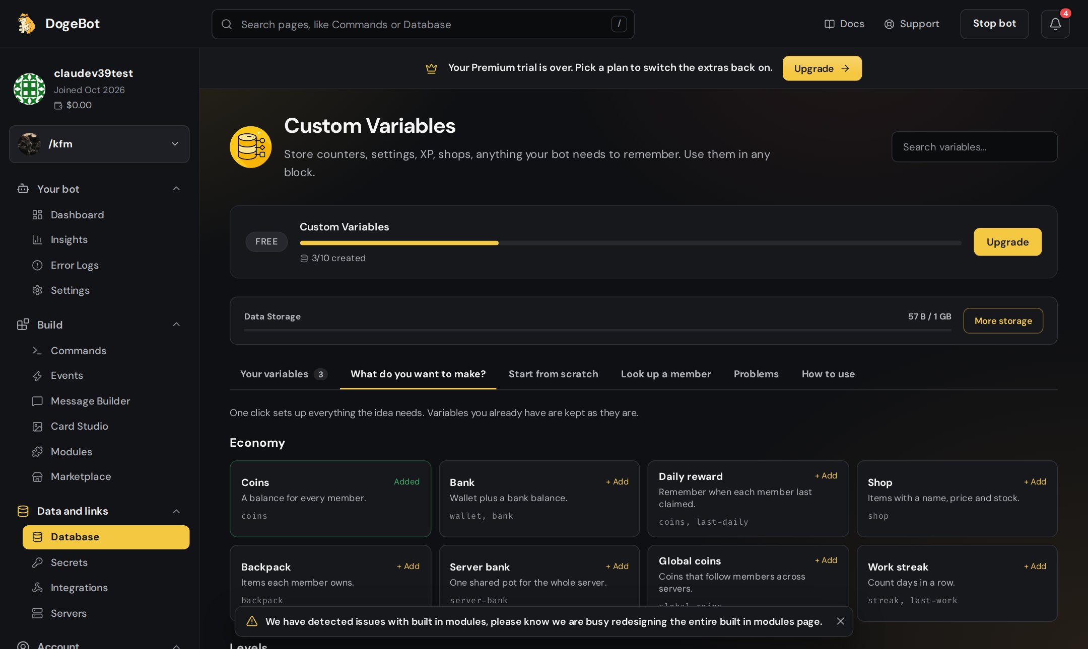 The Database page with ideas for variables to make