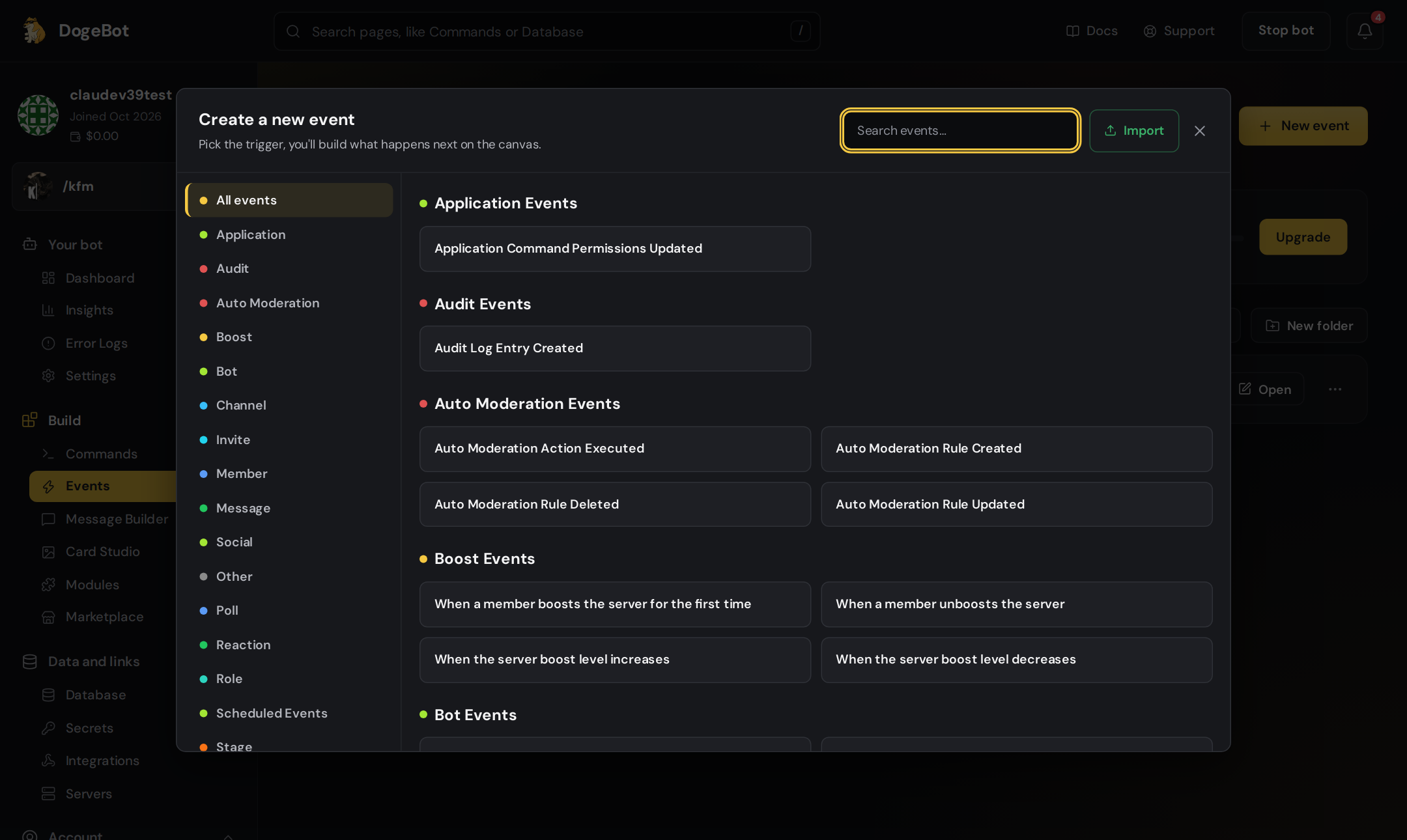 The DogeBot event picker with event groups and a search box
