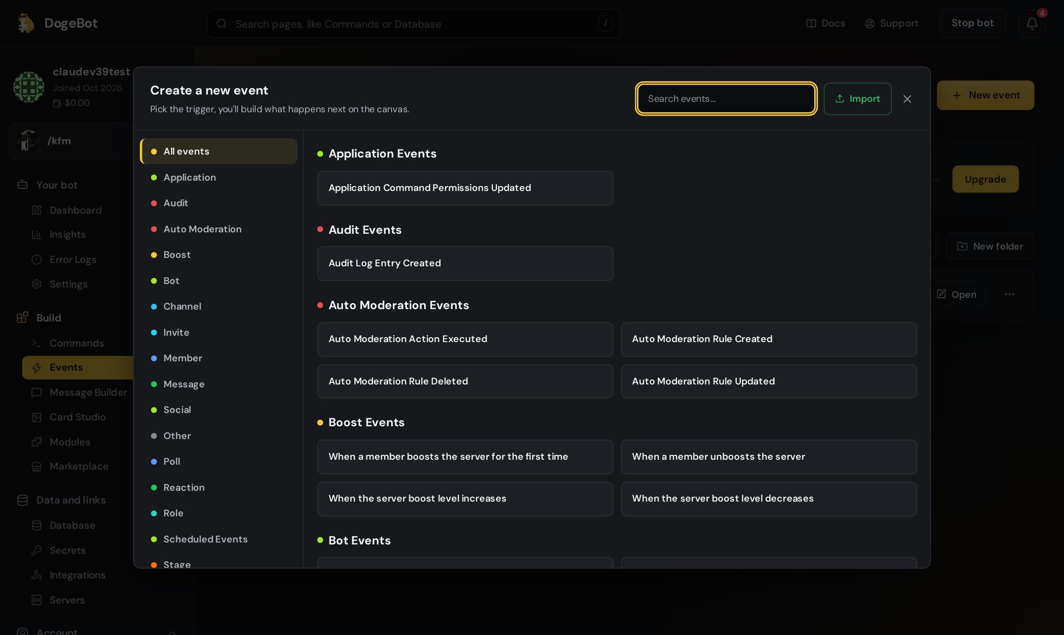 The DogeBot event picker with event groups and a search box