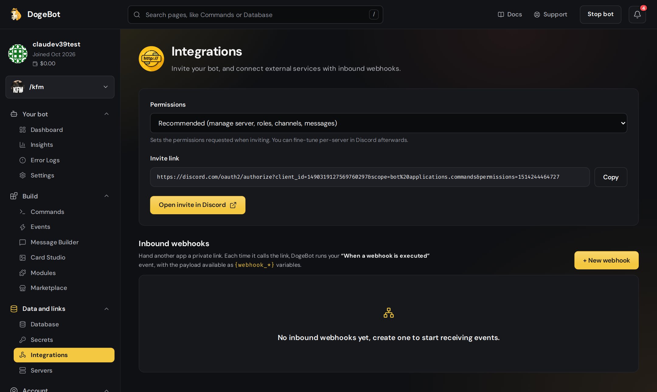 The DogeBot Integrations page
