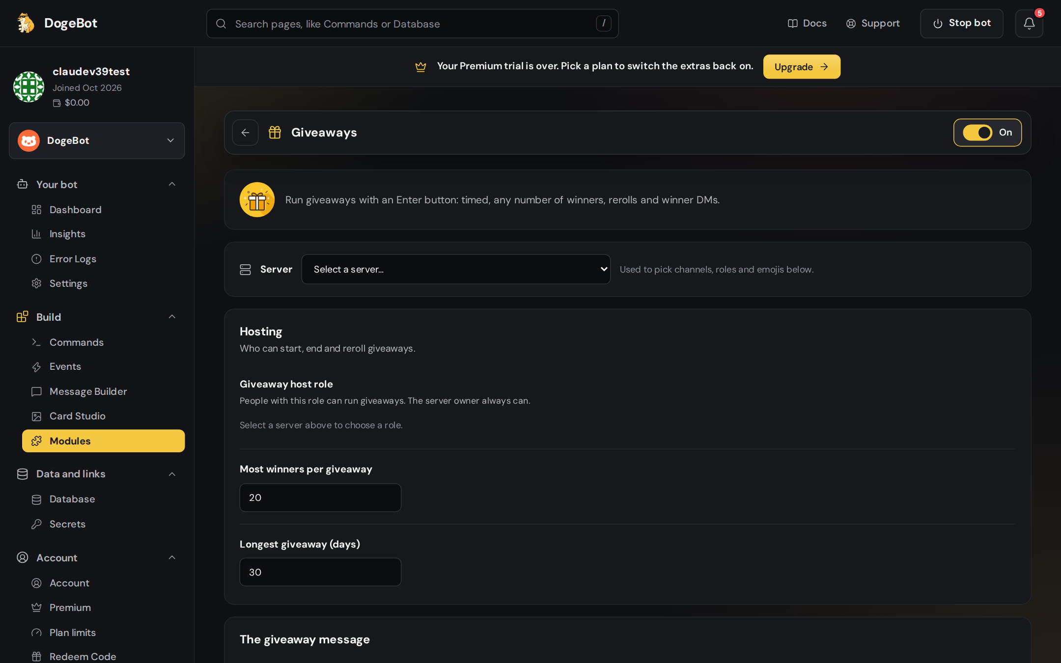 Giveaway settings