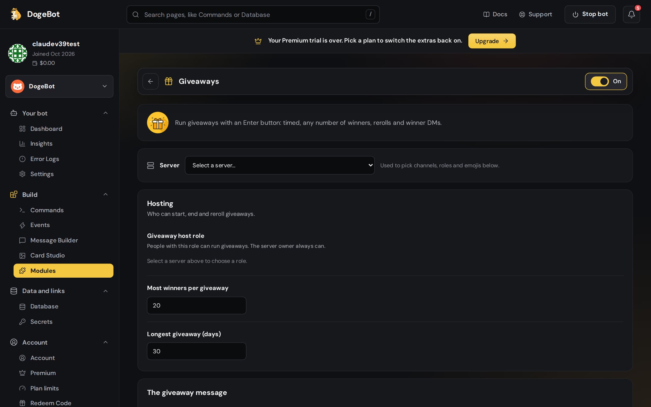Giveaway settings