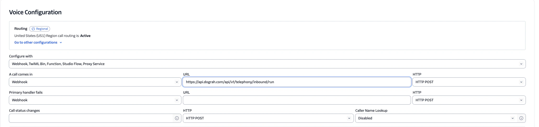 Twilio phone number voice configuration showing webhook URL setup for inbound calls