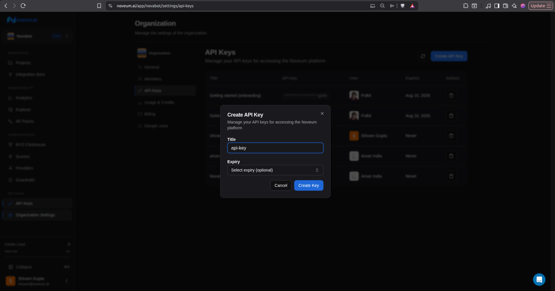 Noveum dashboard β creating an API key under Settings β API Keys
