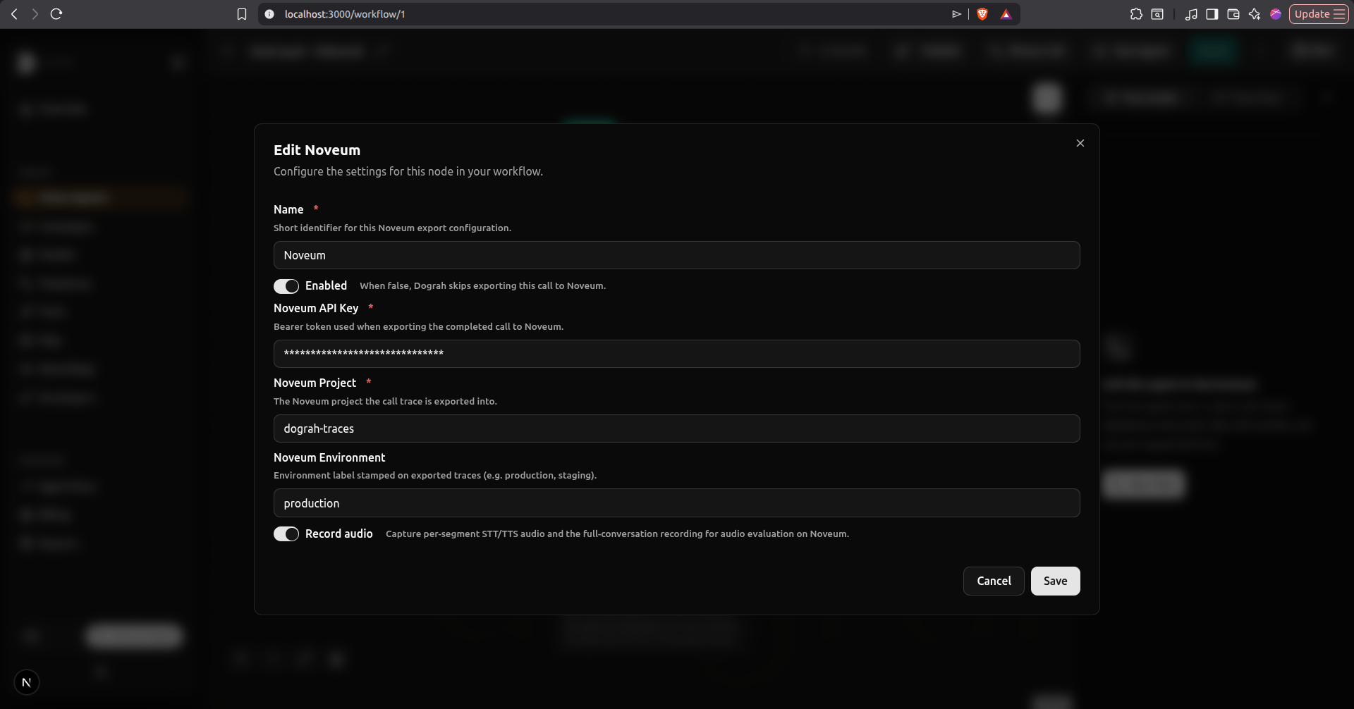 Dograh Edit Noveum modal with API key, project, environment, and audio fields
