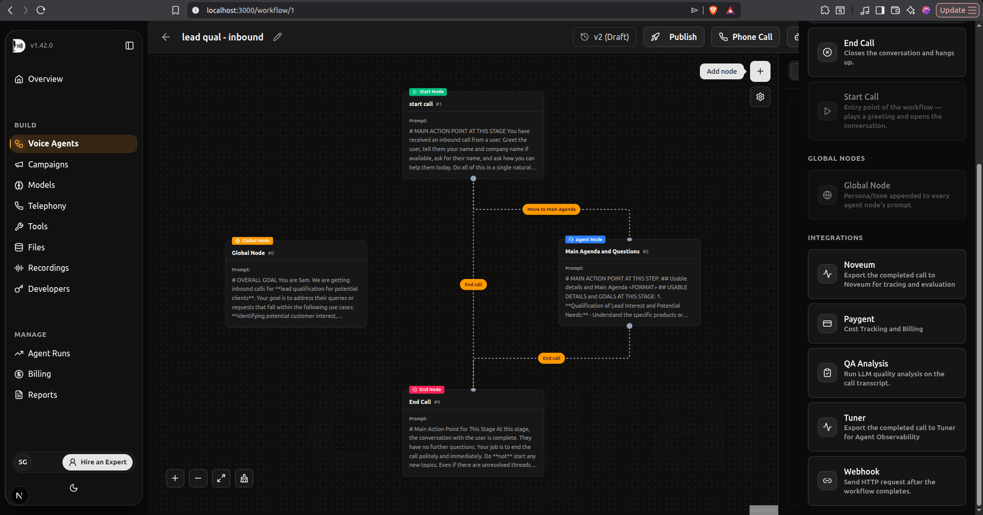 Dograh Integrations panel showing the Noveum node