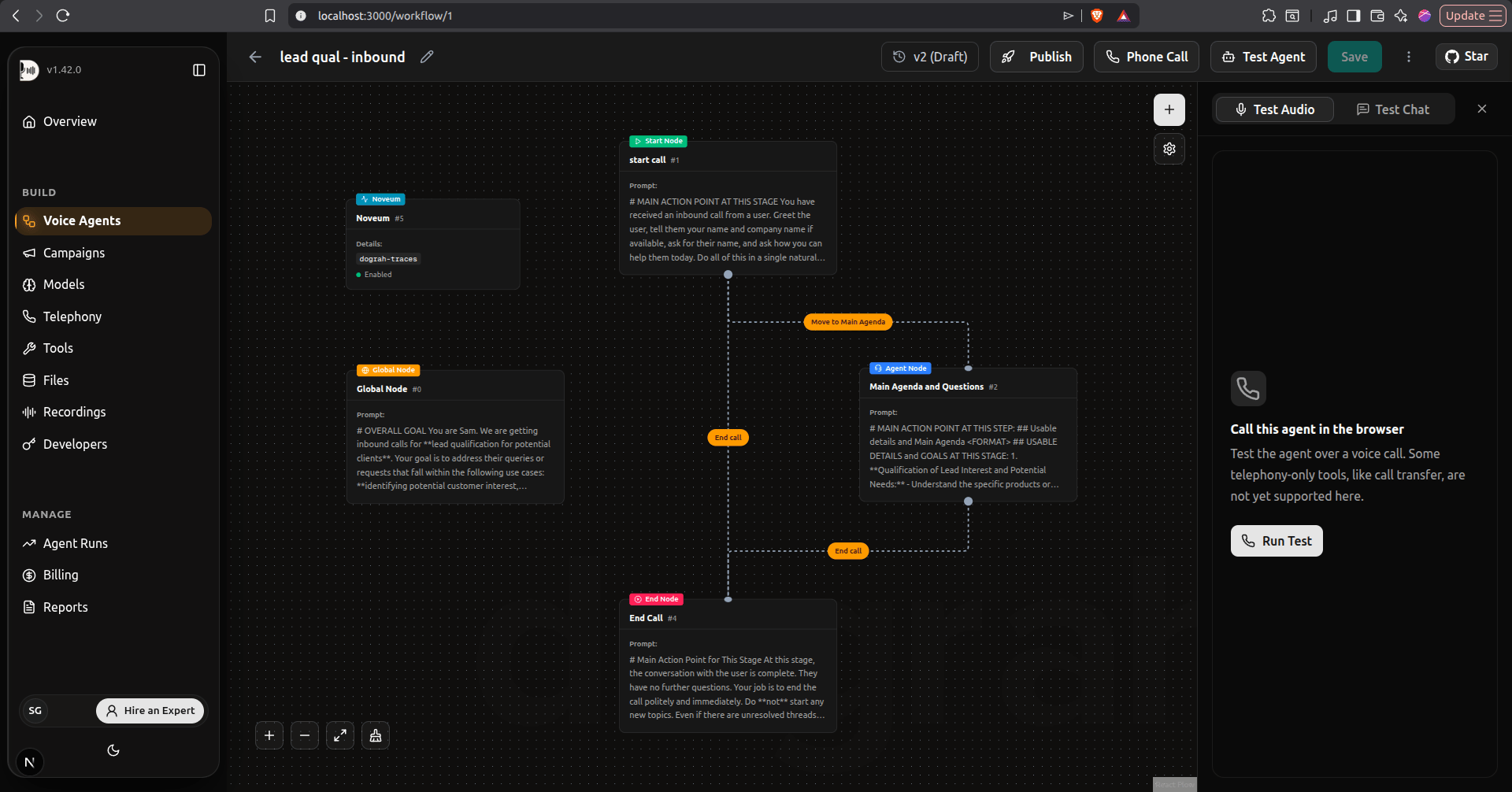 Noveum node on the canvas showing configured and enabled