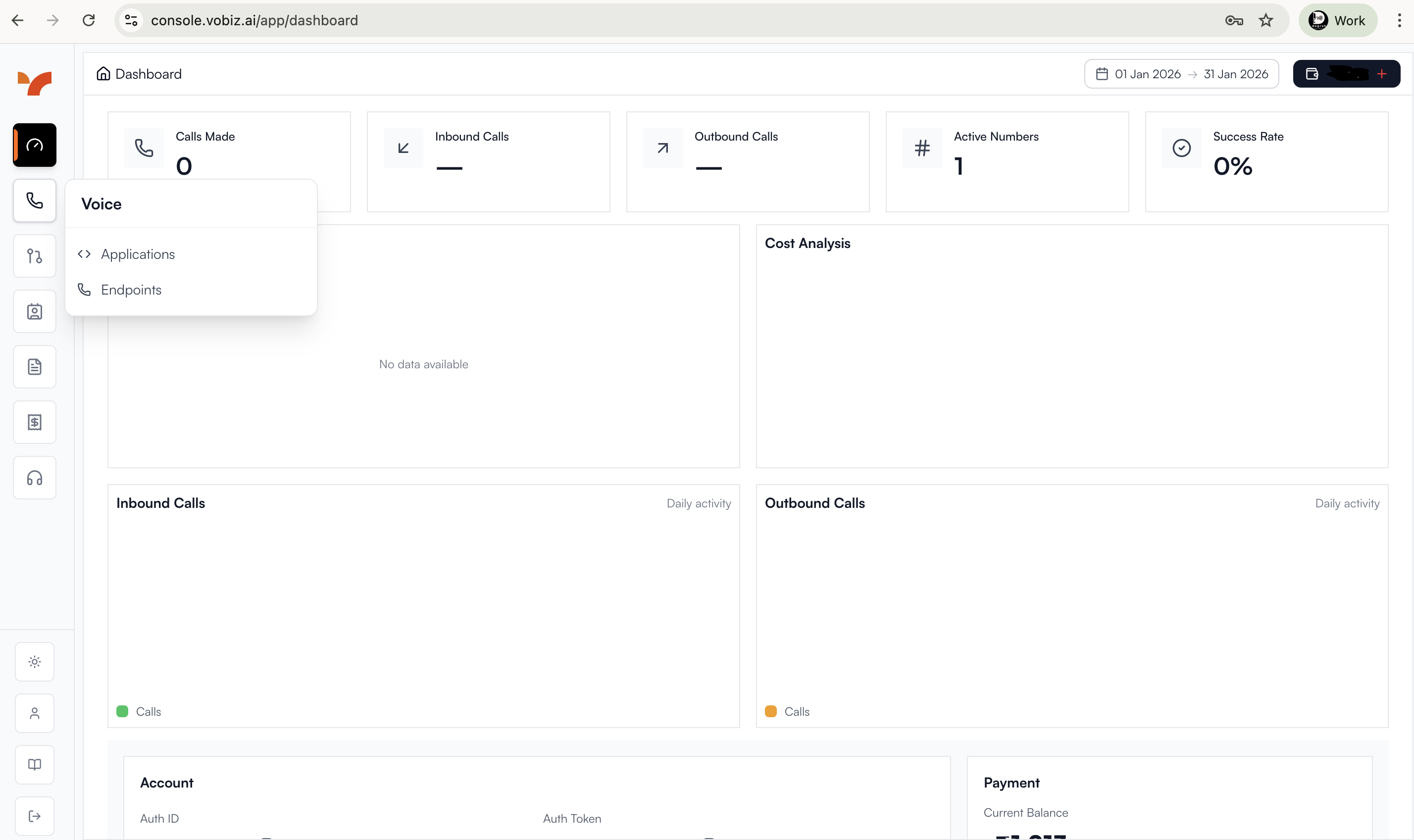 Vobiz console showing Applications section navigation