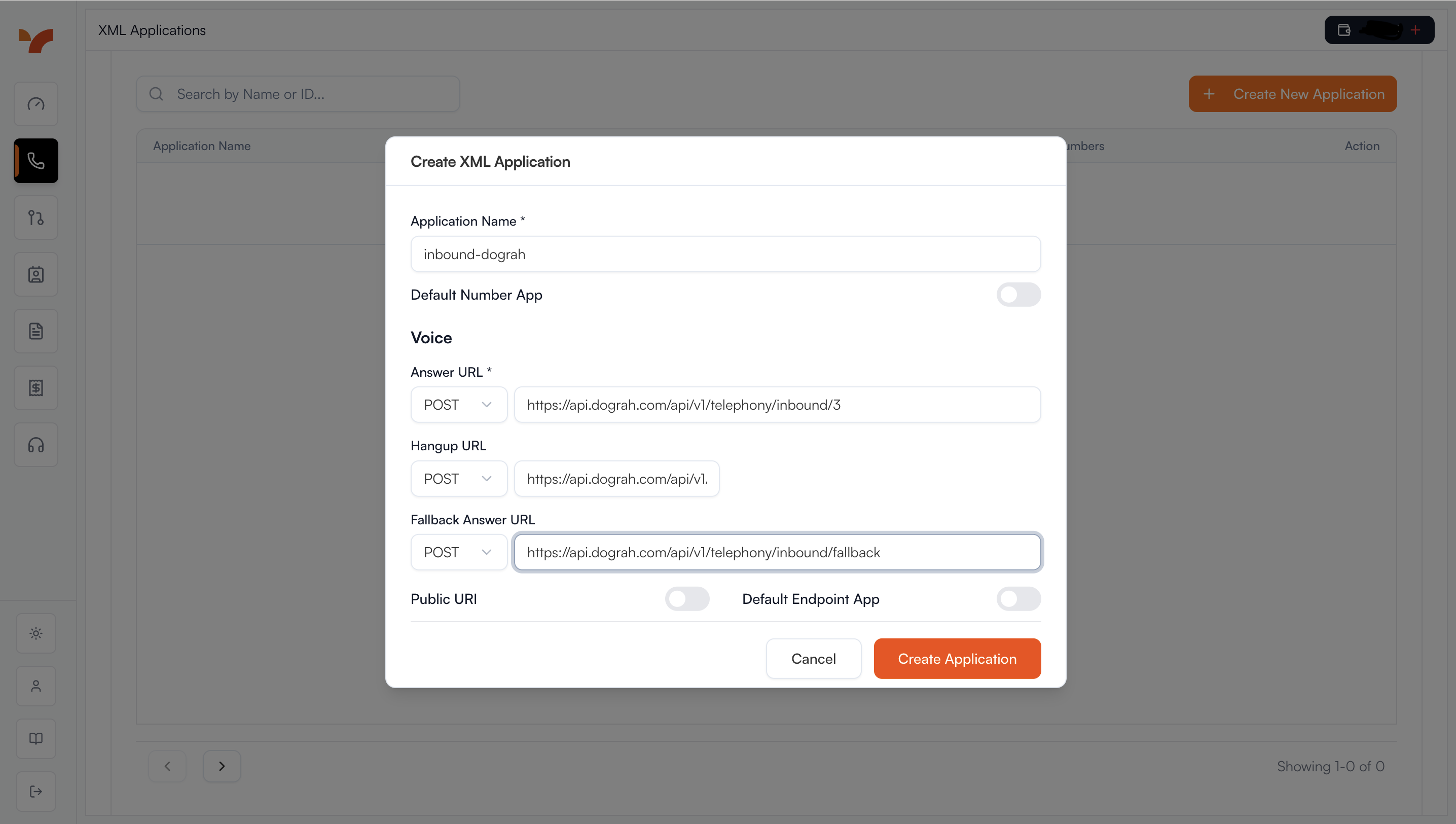 Vobiz XML application configuration showing Answer URL, Hangup URL, and Fallback Answer URL