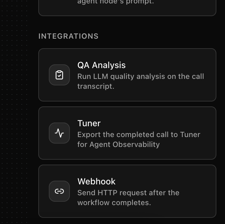 Dograh Integrations panel showing QA Analysis, Tuner, and Webhook