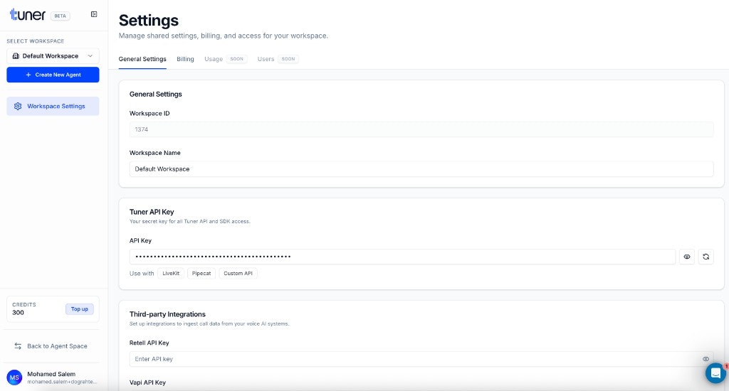Tuner Workspace Settings showing Workspace ID and API Key