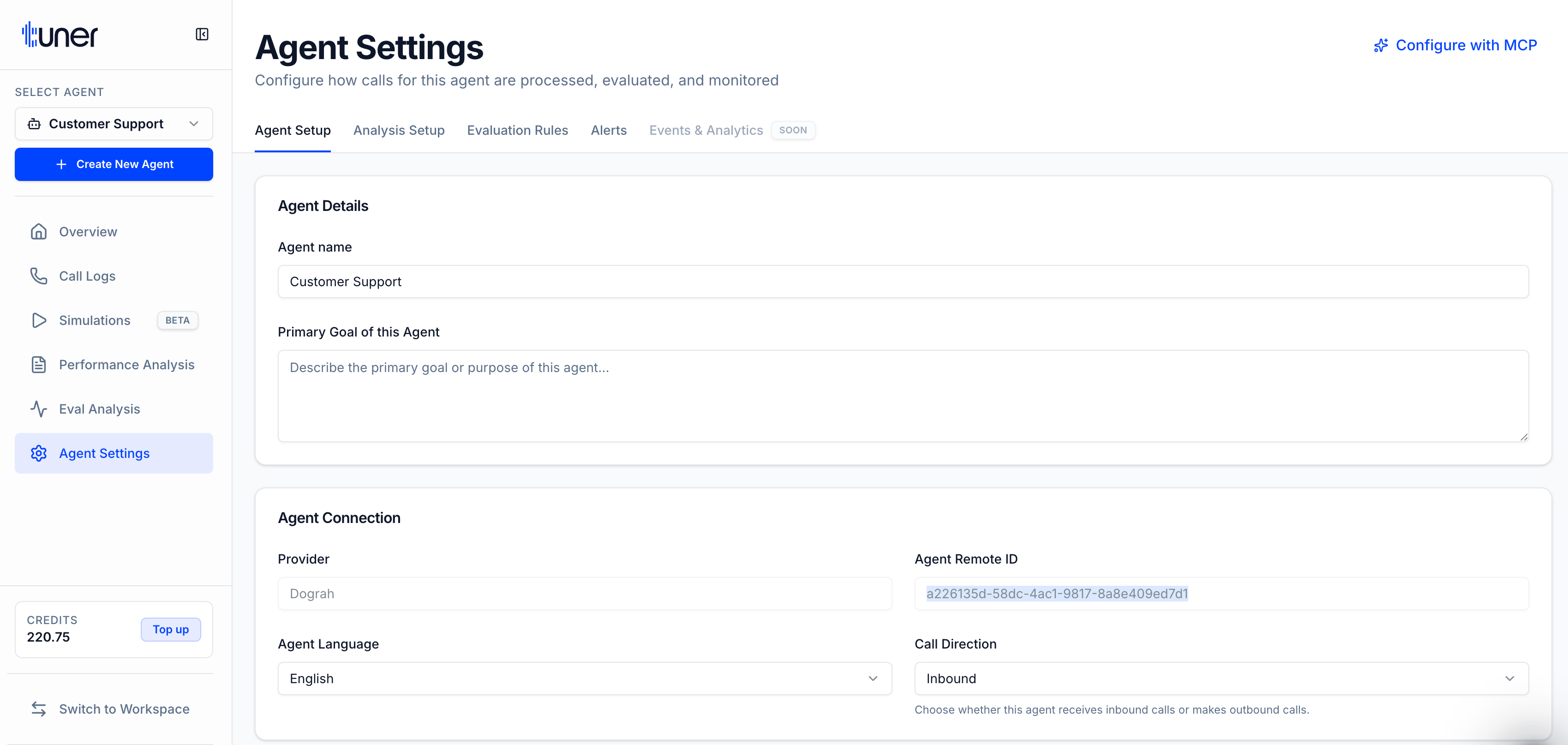 Tuner Agent Settings showing Agent Remote ID