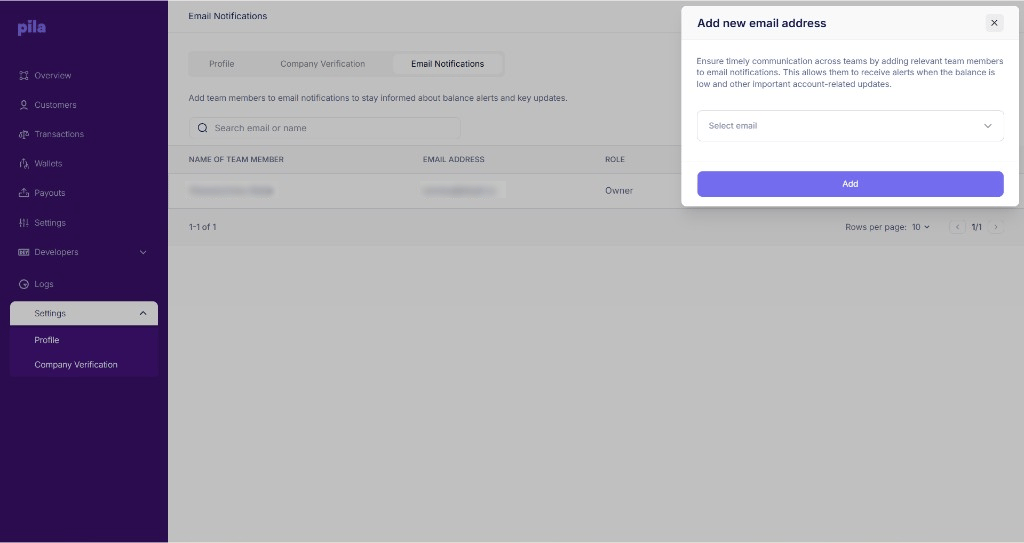 Add new email address dialog