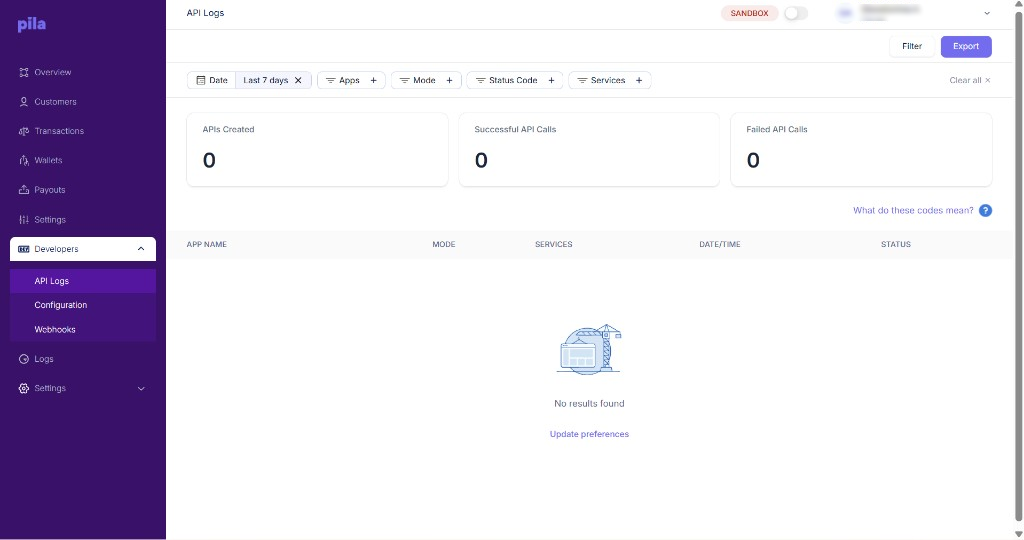 API logs page showing call counts and a log table