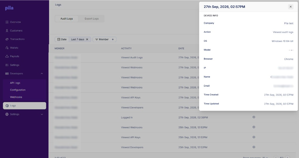 Audit log detail showing device, browser and IP
