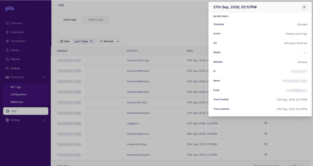 Audit log detail showing device, browser and IP