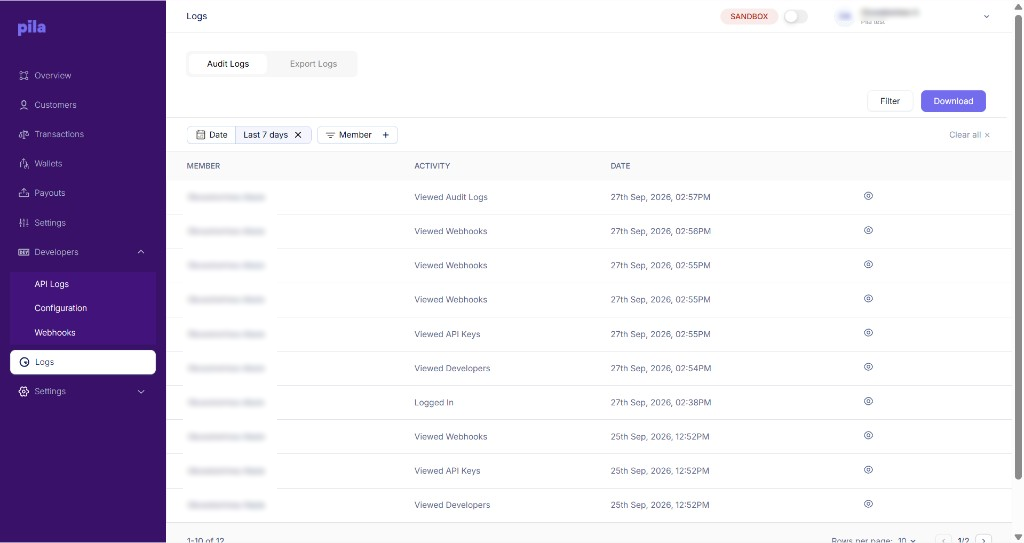 Audit logs listing team member activity