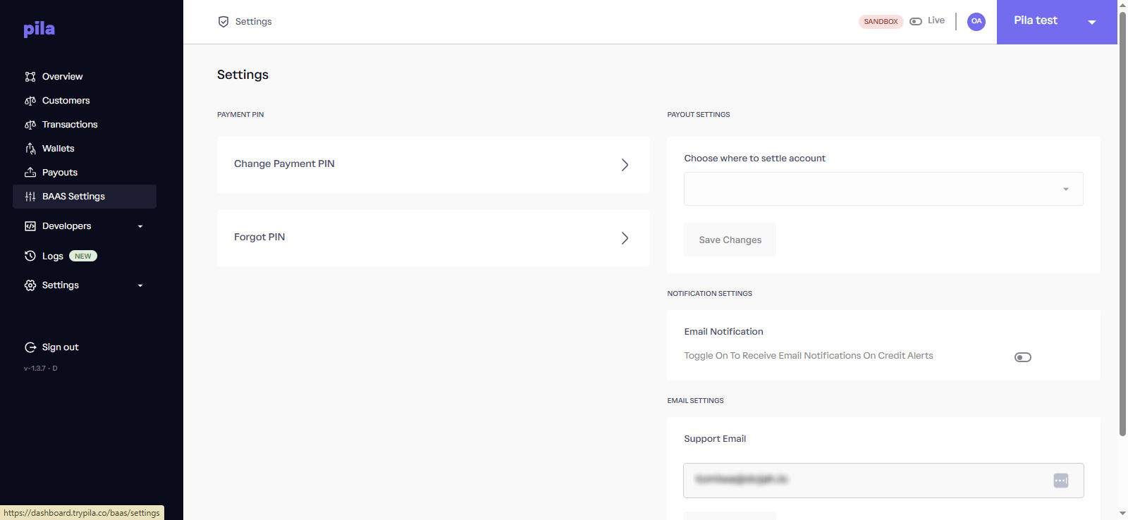 Pila dashboard business settings page
