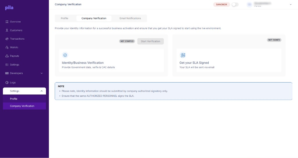 Company verification tab showing verification and SLA steps