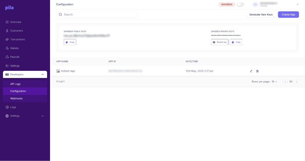 API keys in the Pila dashboard