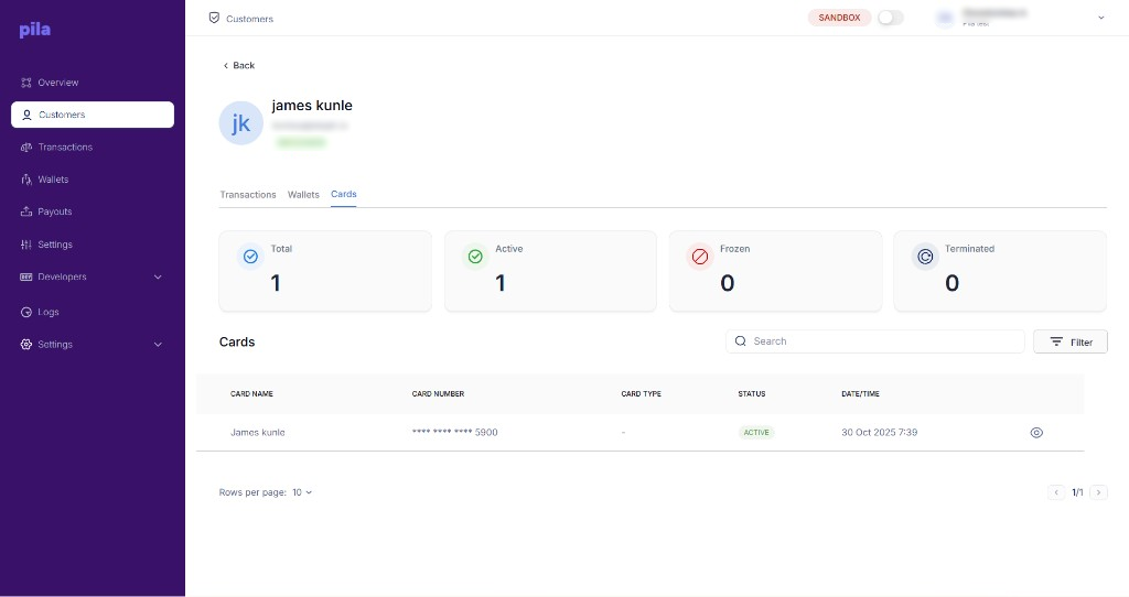 Cards tab on a customer profile