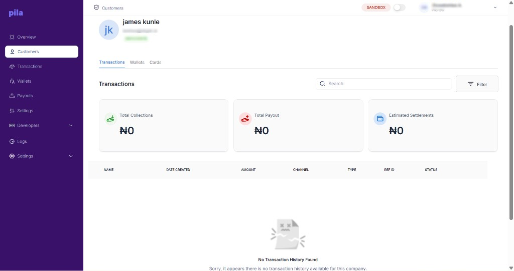 Transactions tab on a customer profile