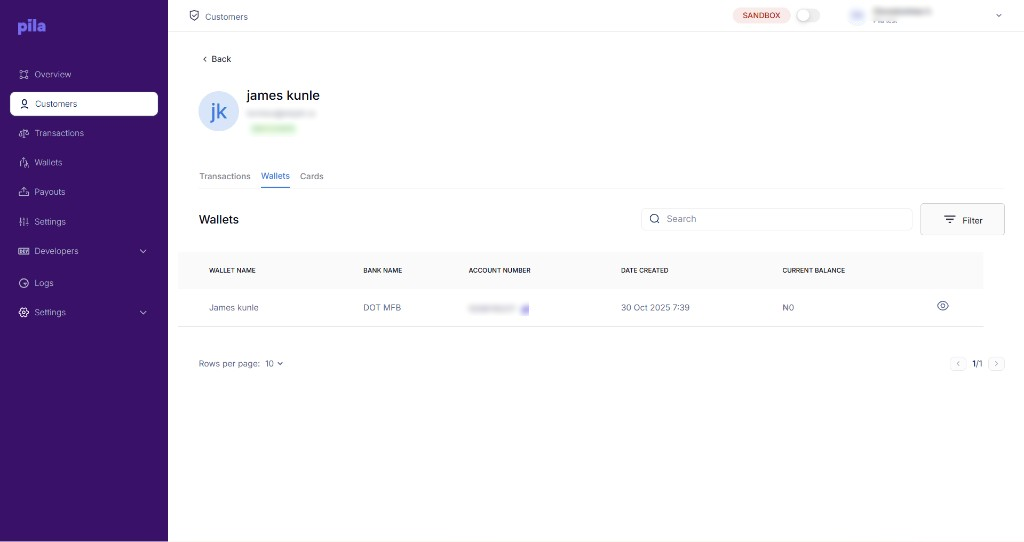 Wallets tab on a customer profile