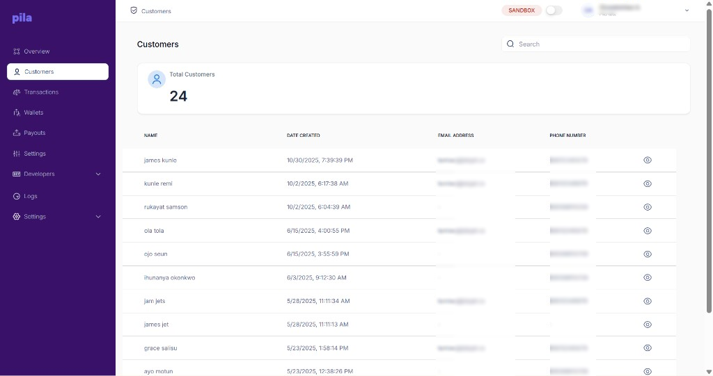 Pila dashboard Customers page listing onboarded customers