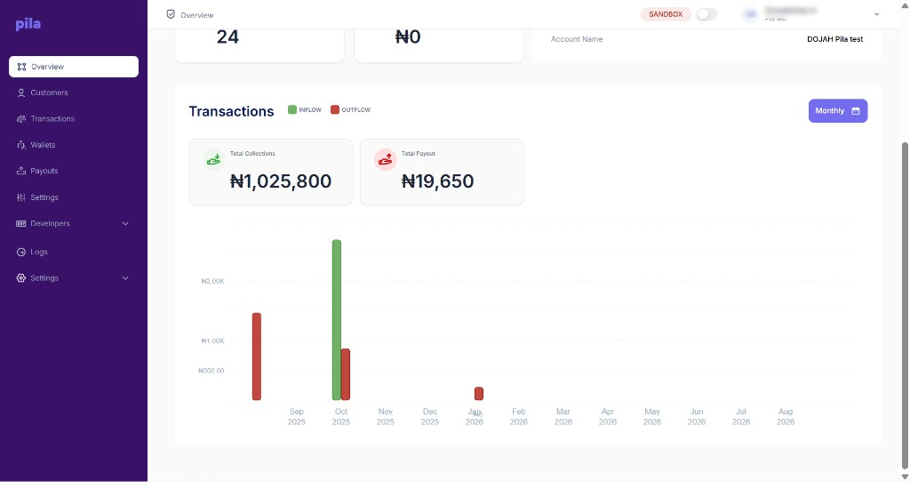 Transactions chart on the Overview page showing inflow and outflow bars