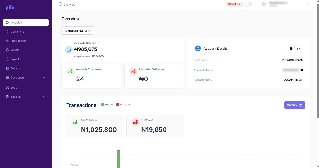 Pila dashboard Overview showing available balance and account details