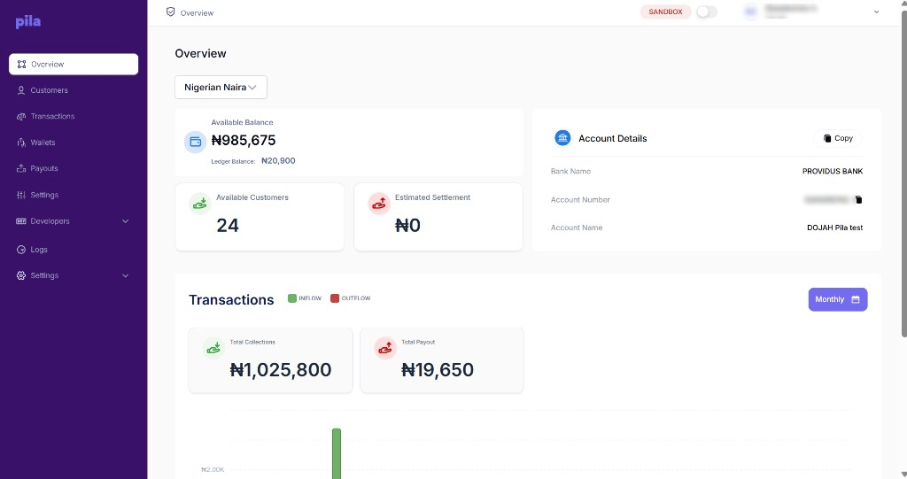 Pila dashboard Overview showing available balance and account details
