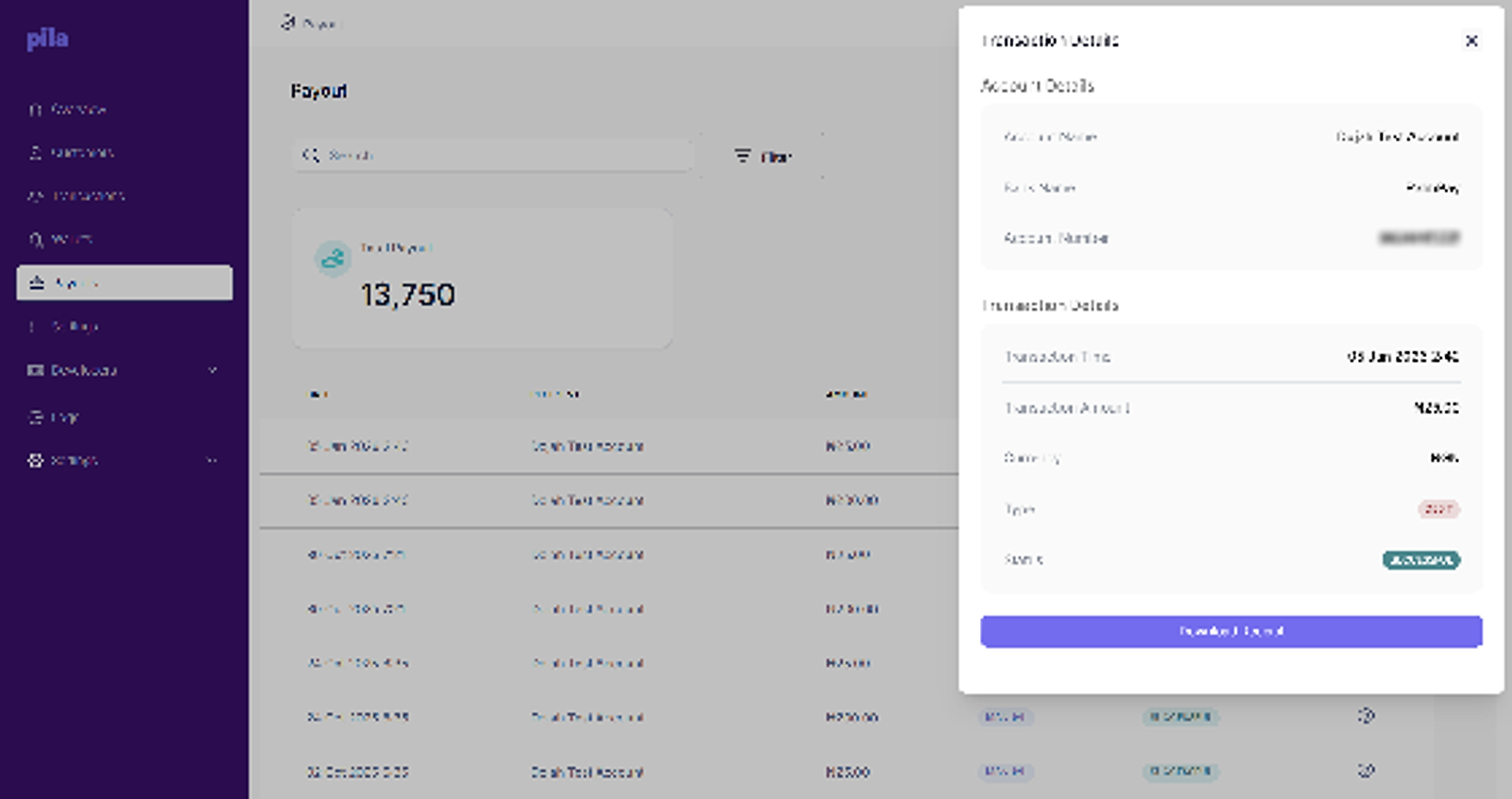 Payout details panel showing account and transaction details