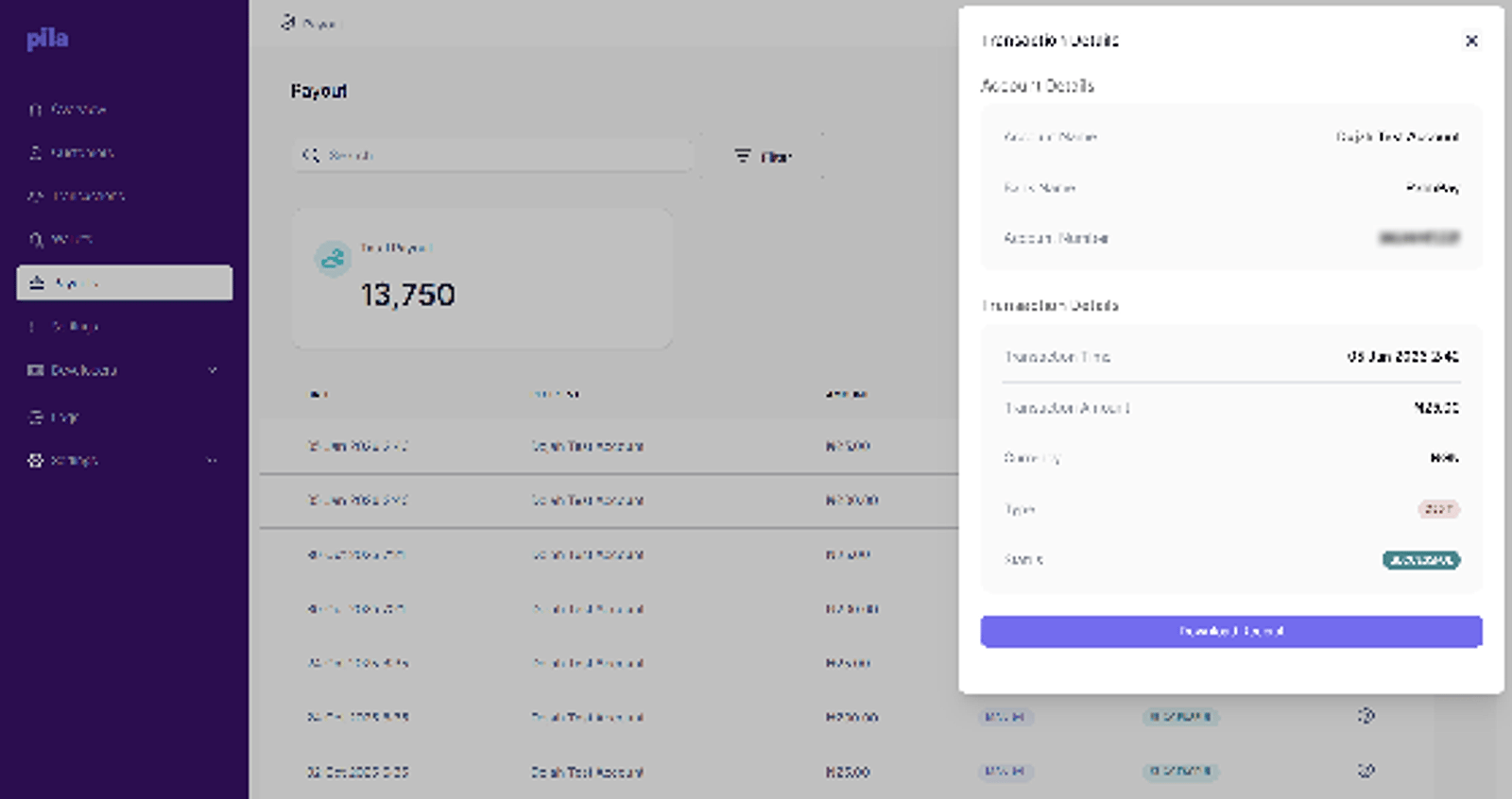 Payout details panel showing account and transaction details