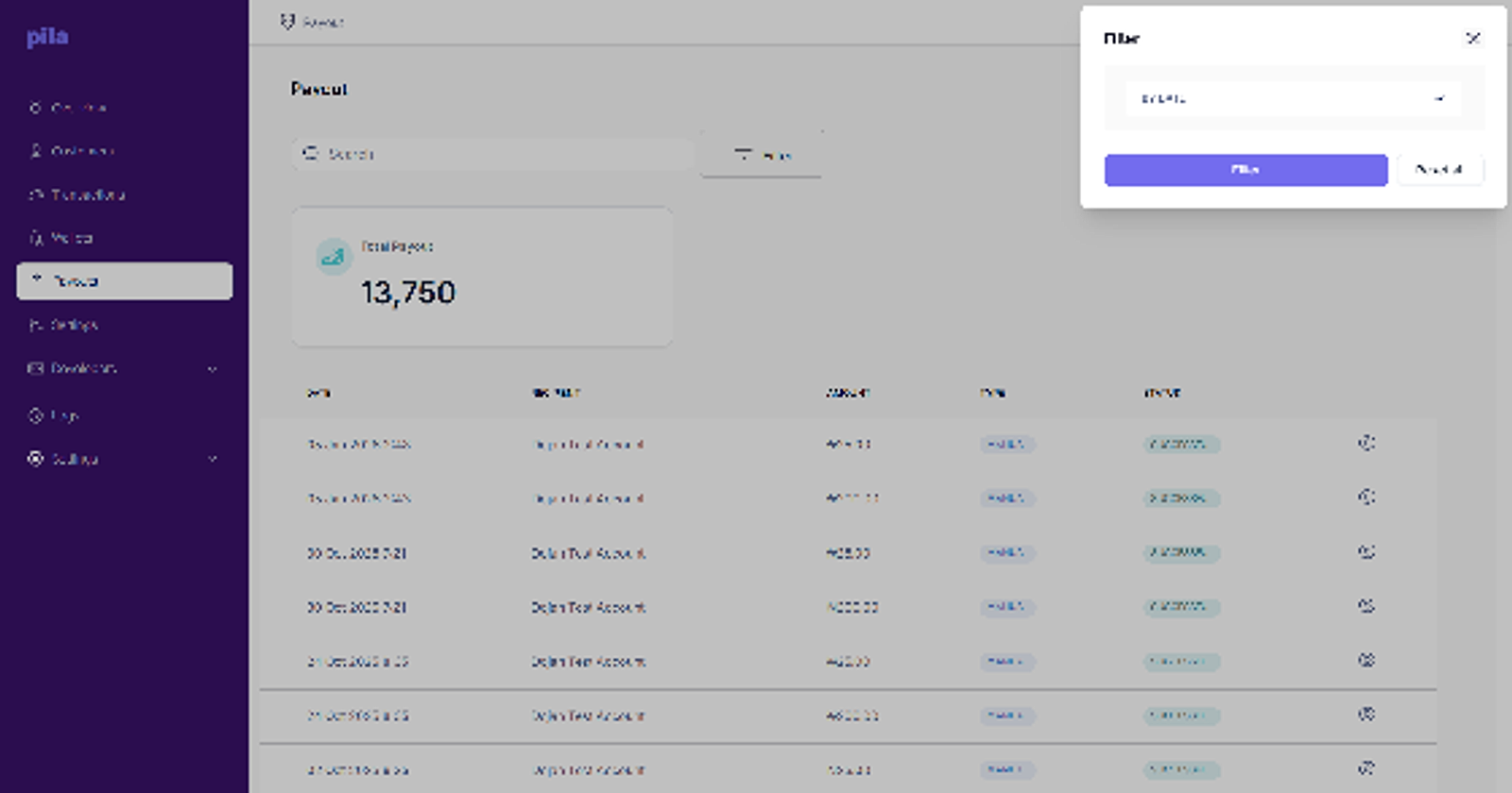 Filter panel on the Payout page