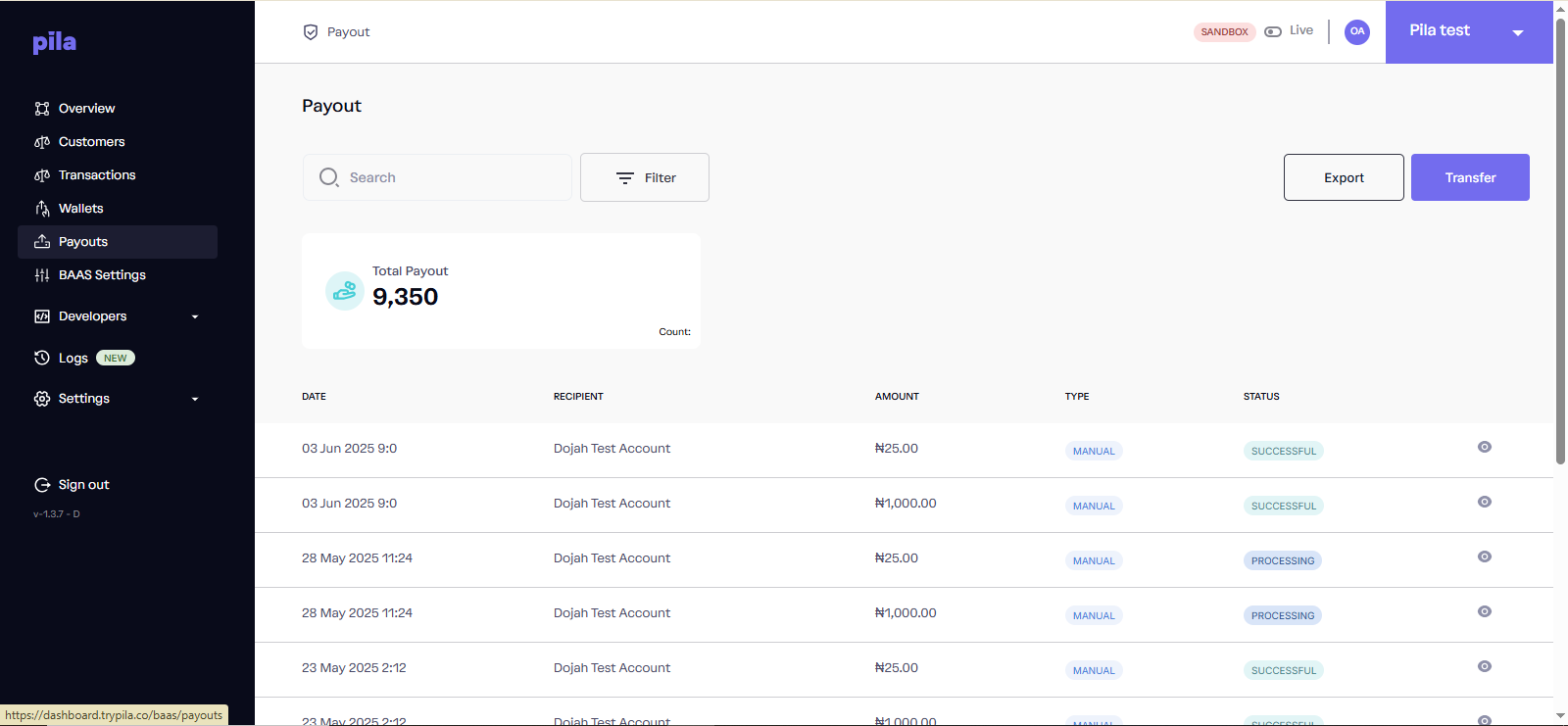 Pila dashboard Payout page