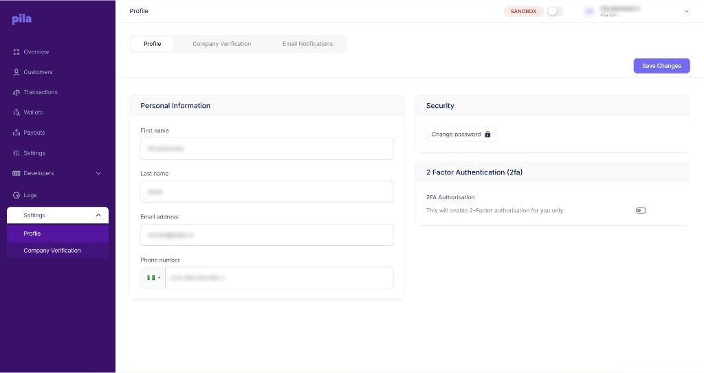 Profile tab in Pila account settings