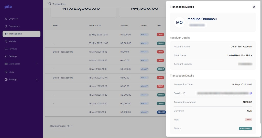 Transaction details panel