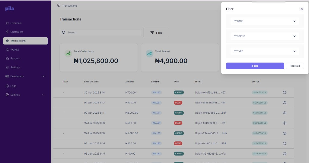 Filter panel on the Transactions page