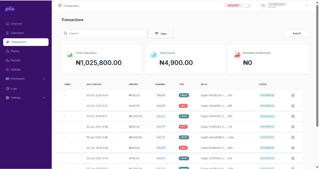 Pila dashboard Transactions page