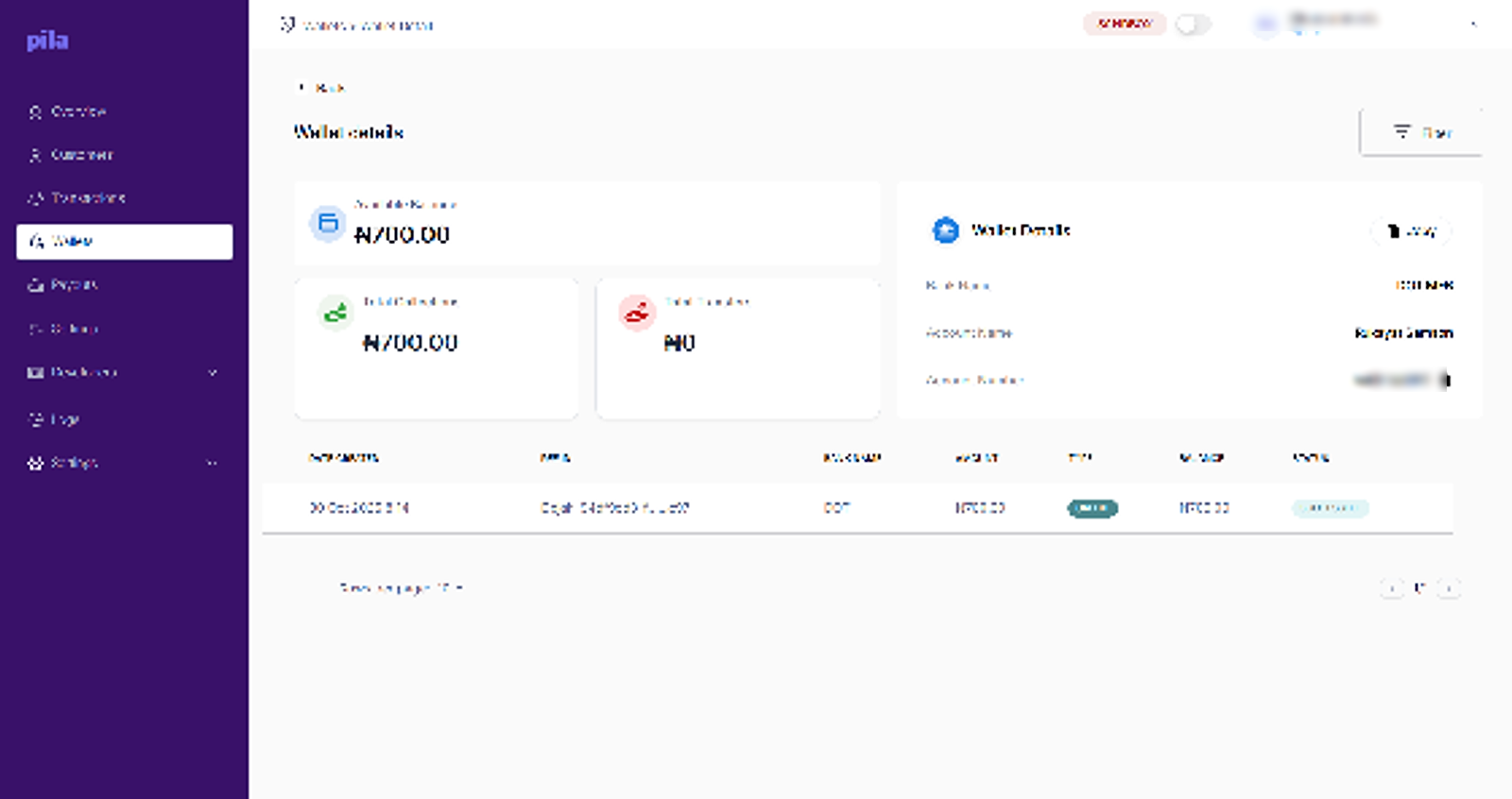 Wallet details page showing balance and transaction history