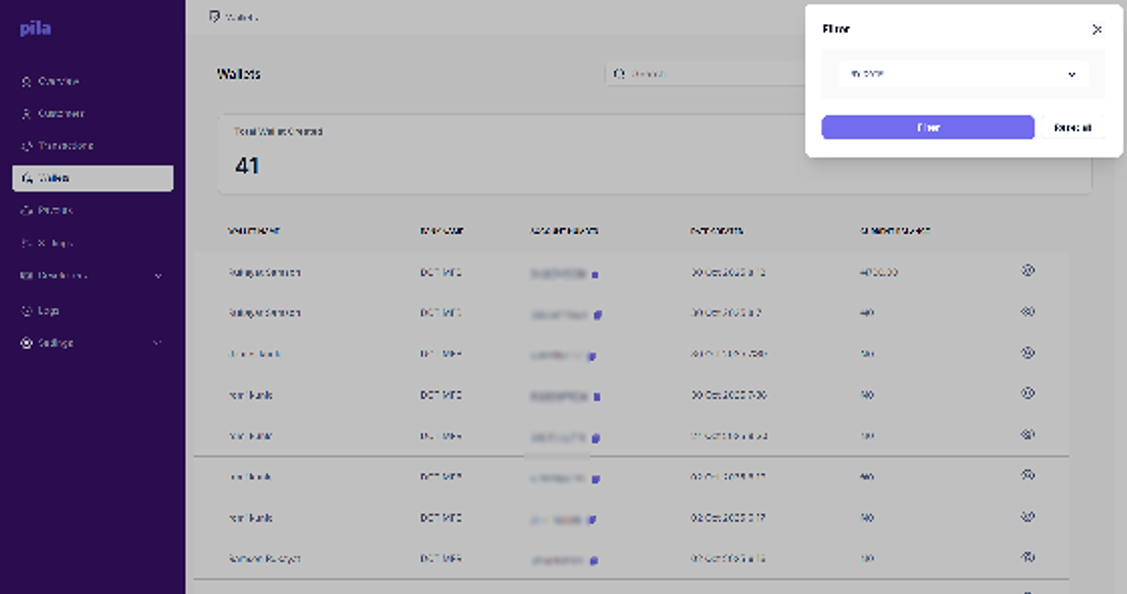 Filter panel on the Wallets page