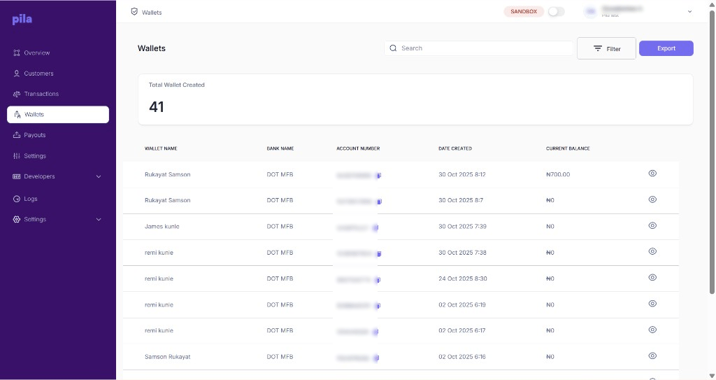 Pila dashboard Wallets page listing customer wallets