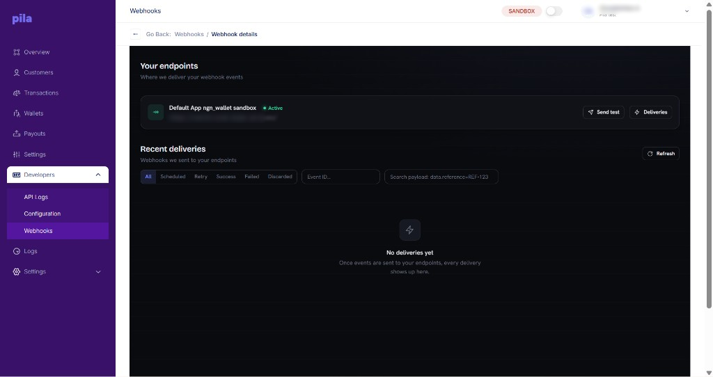 Webhook details page showing endpoints and recent deliveries