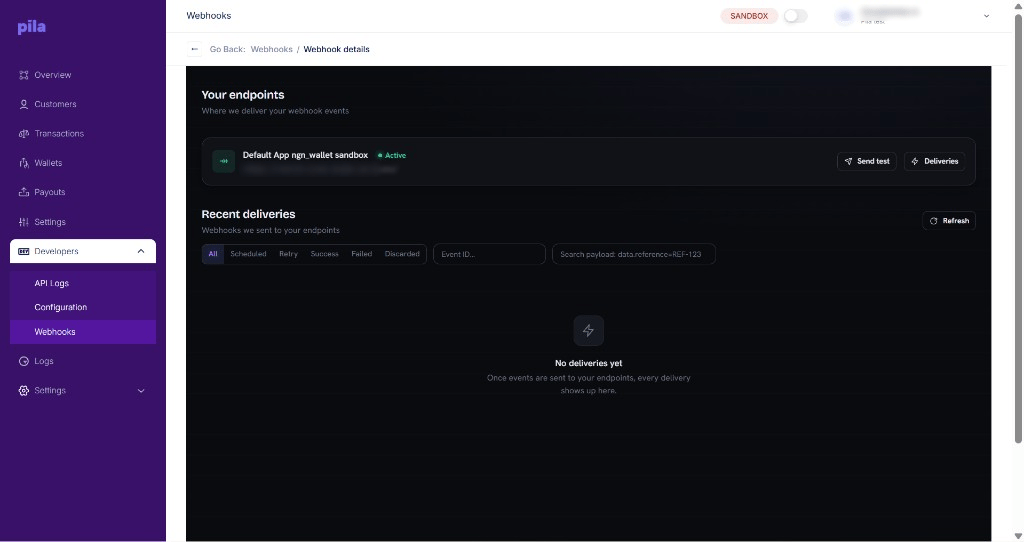 Webhook details page showing endpoints and recent deliveries