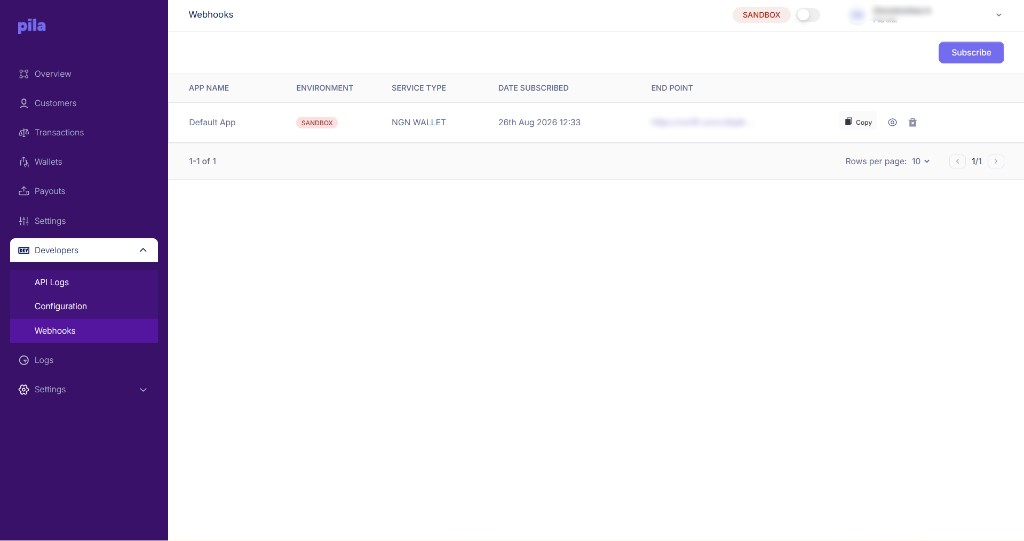 Webhook subscriptions page in the Pila dashboard